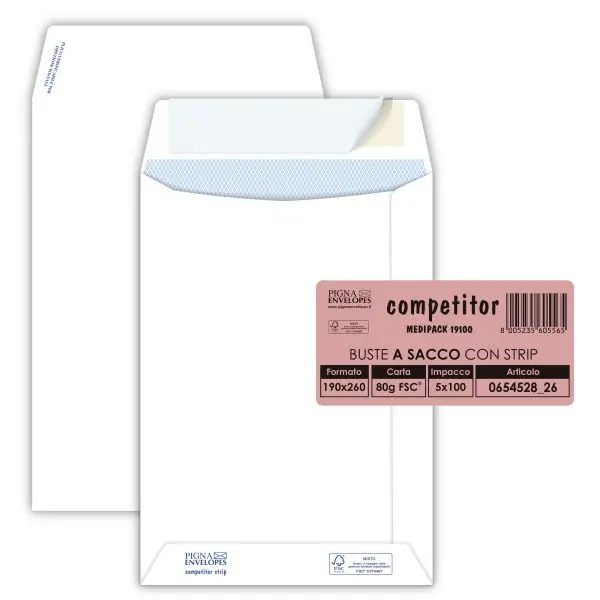 Busta a sacco Competitor FSC - strip adesivo - 19 x 26 cm - 80 gr - bianco - Pigna Envelopes - conf. 100 pezzi