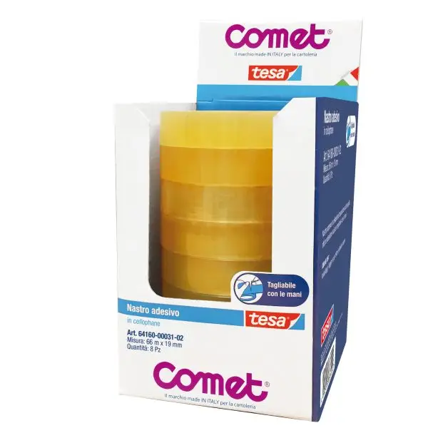 Nastro adesivo - confezionato singolarmente - 19 mm x 66 m - cellophane - trasparente - Comet