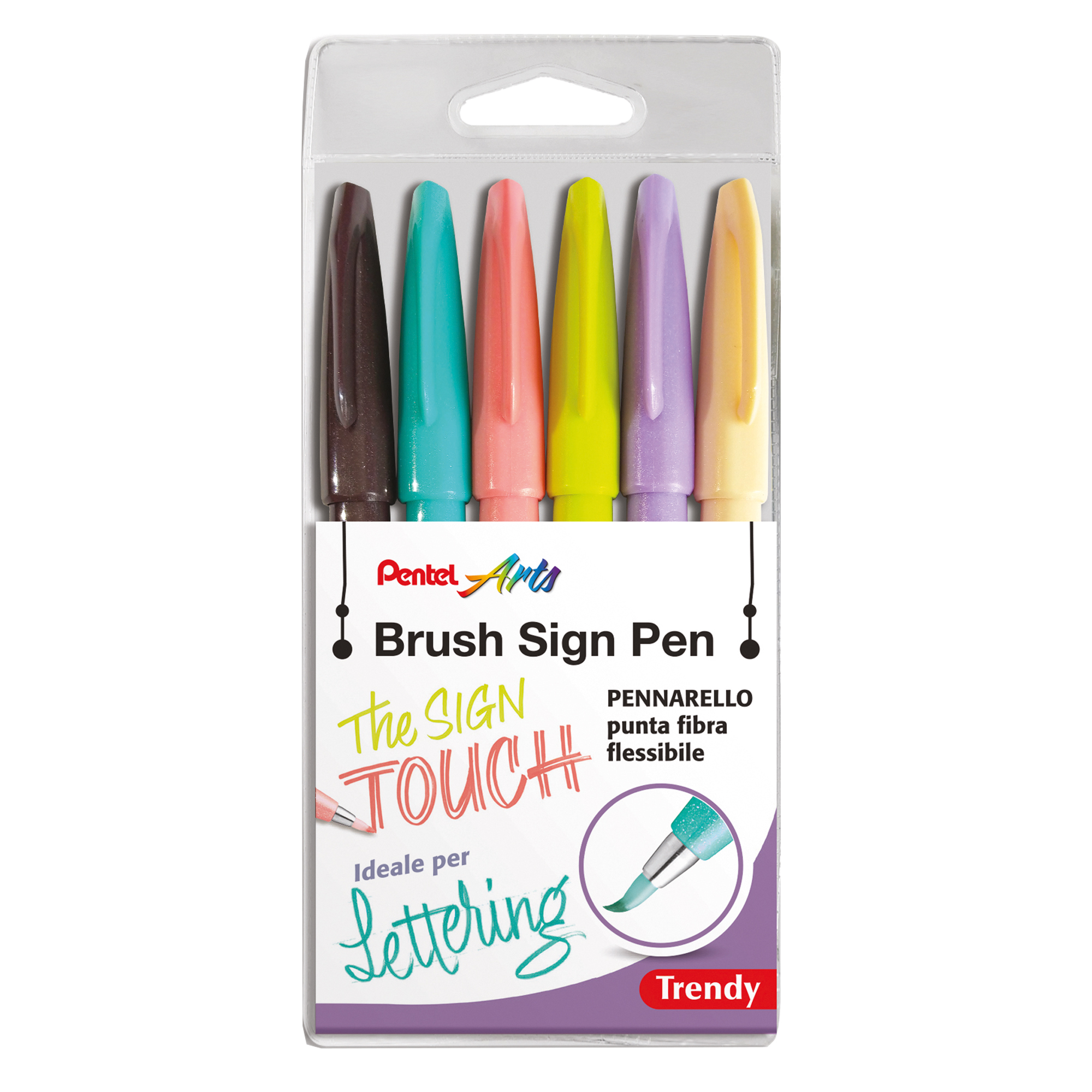 100009 Pennarello Brush Trendy Sign Pen - colori assortiti - Pentel - conf. 6 pezzi - immagine 1