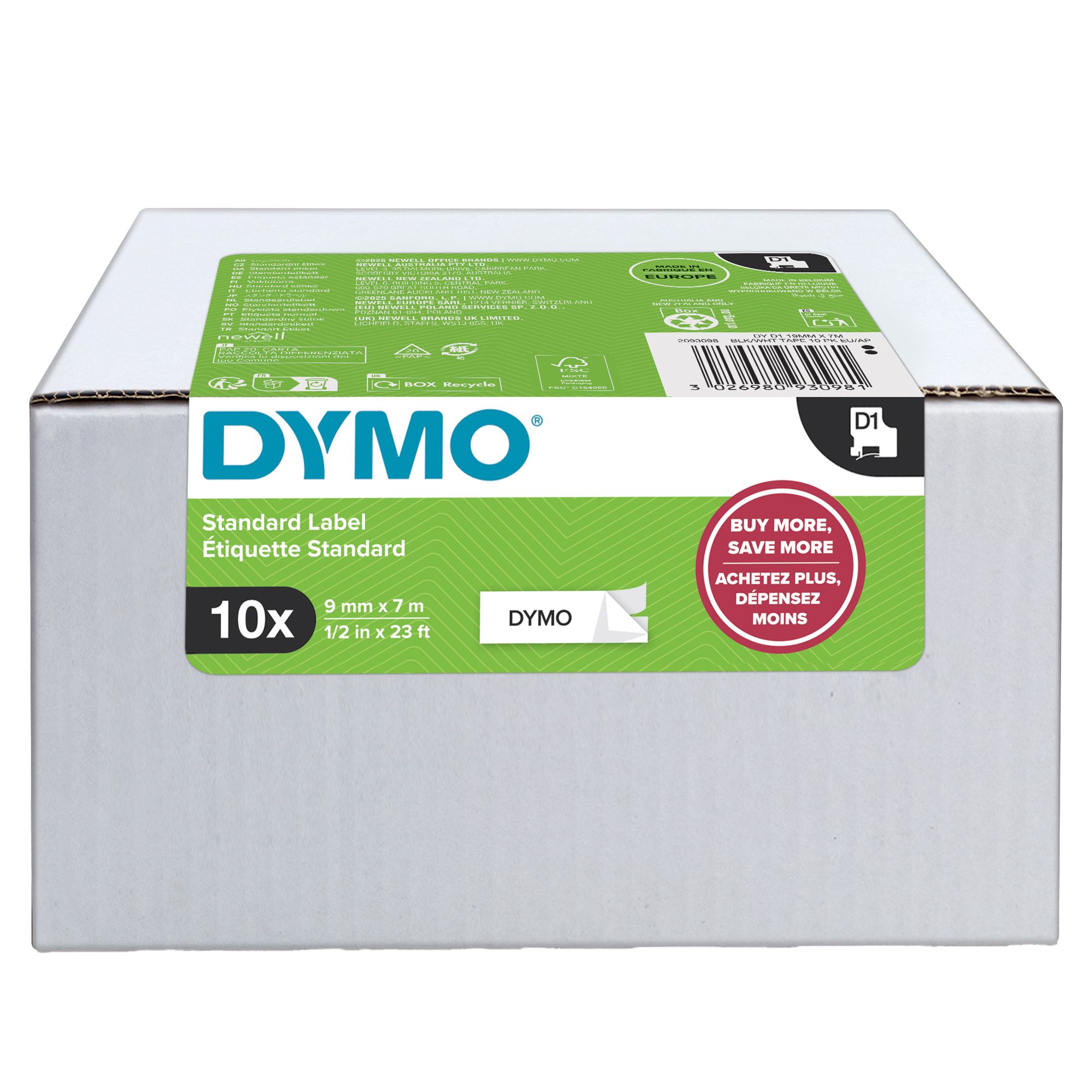 89507 Nastro D1 standard 458030 - 19 mm x 7 mt - PL - nero/bianco - Dymo - value pack 10 pezzi - immagine 1
