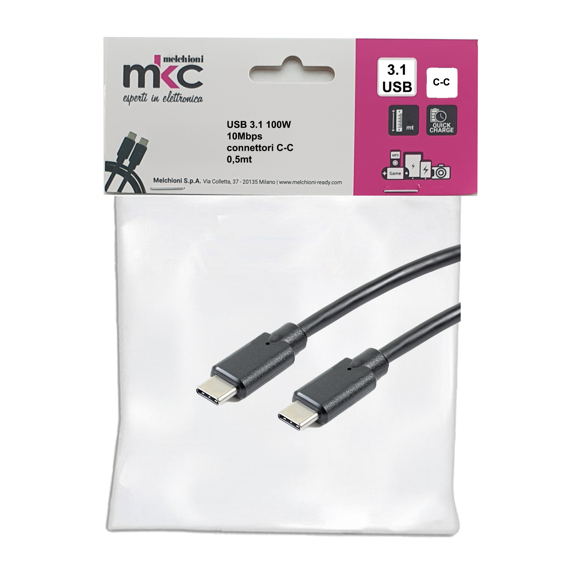 103604 Cavo USB - 3.1 C/C - 100W - 10Mbps - 0,5 mt - MKC Melchioni - immagine 1