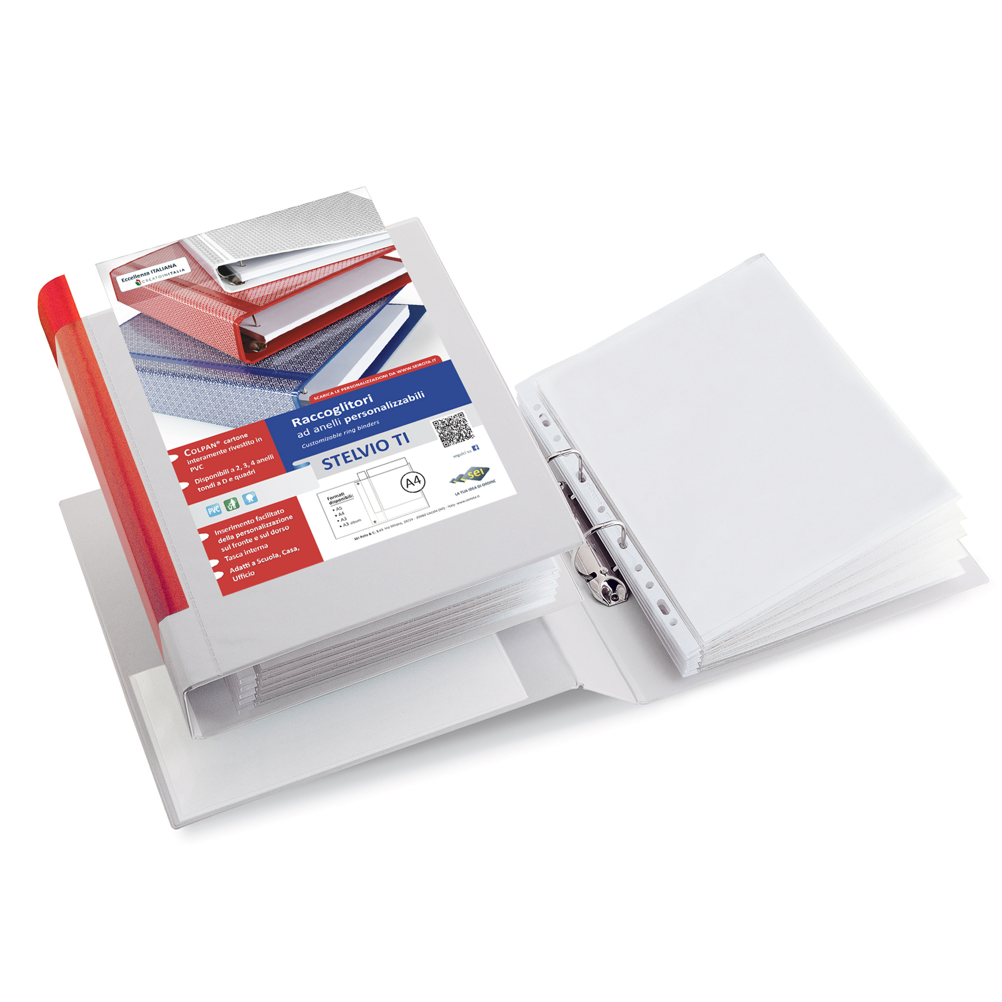 25487 Raccoglitore personalizzabile Stelvio TI - 22 x 30 cm - 2 anelli a D 50 mm - dorso 7,5 cm - bianco - Sei Rota - immagine 1