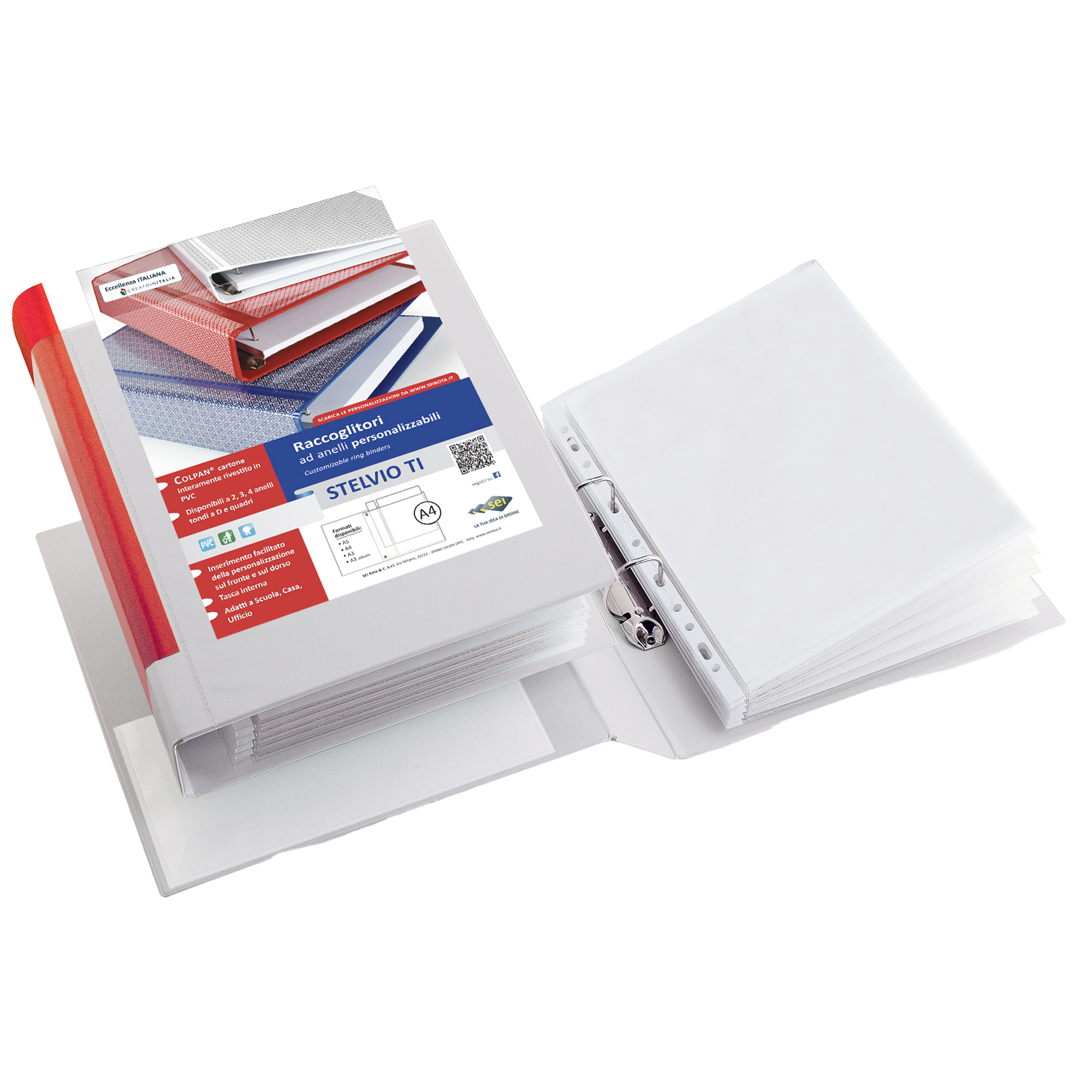 25492 Raccoglitore personalizzabile Stelvio TI - 22 x 30 cm - 4 anelli a R 13 mm - dorso 2 cm - bianco - Sei Rota - immagine 1