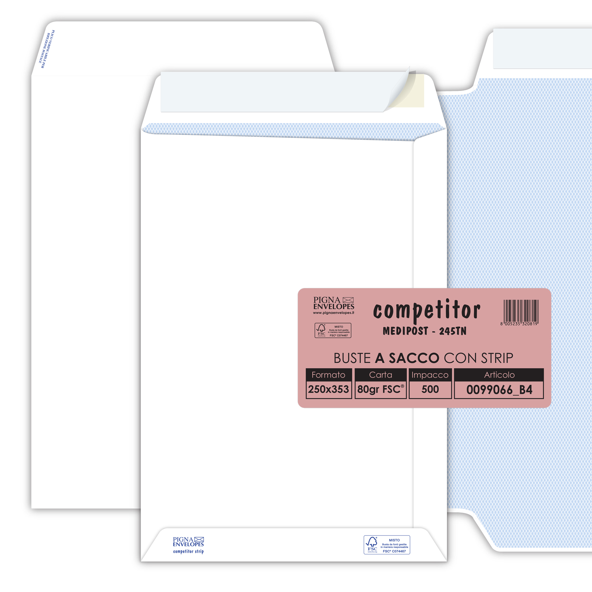 46160 Busta a sacco Competitor FSC - strip adesivo - 25 x 35,3 cm - 80 gr - bianco - Pigna Envelopes - conf. 500 pezzi - immagine 1