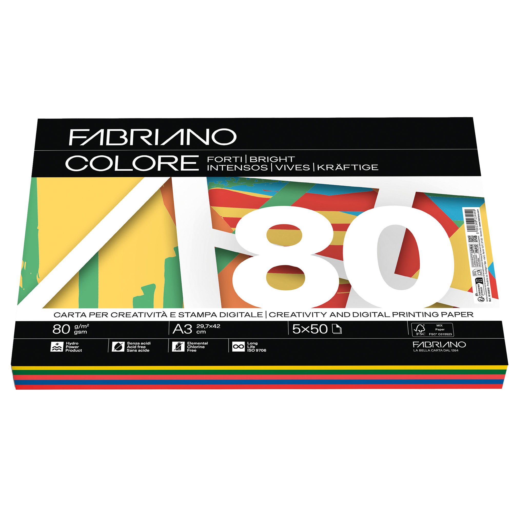 67753 FabrianoColore - A3 - 80 gr - mix 5 colori forti - Fabriano - conf. 250 fogli - immagine 1