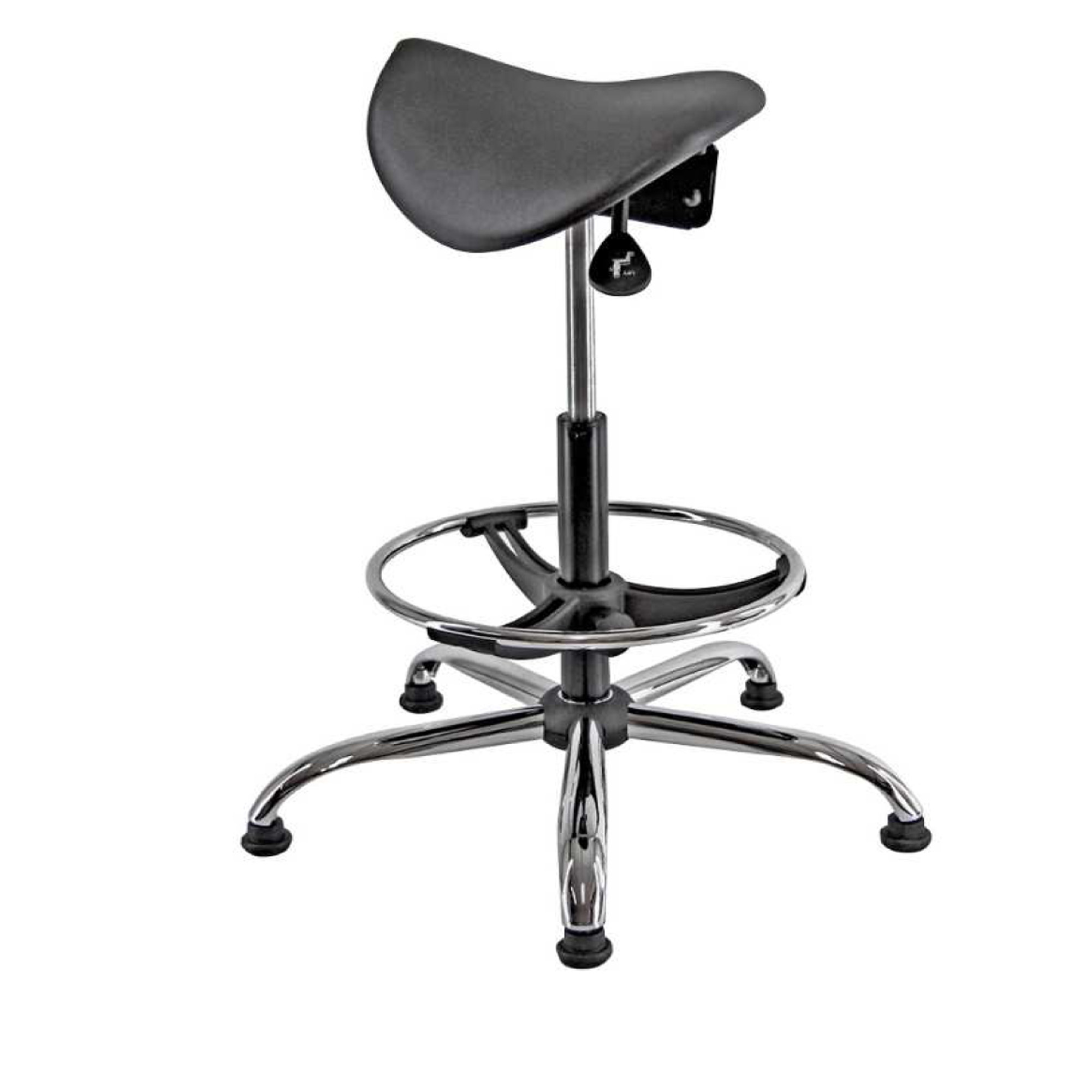 76660 Sedia tecnica a sella E19W - con poggiapiedi telescopico - piedini in gomma - nero/acciaio - Unisit - immagine 1