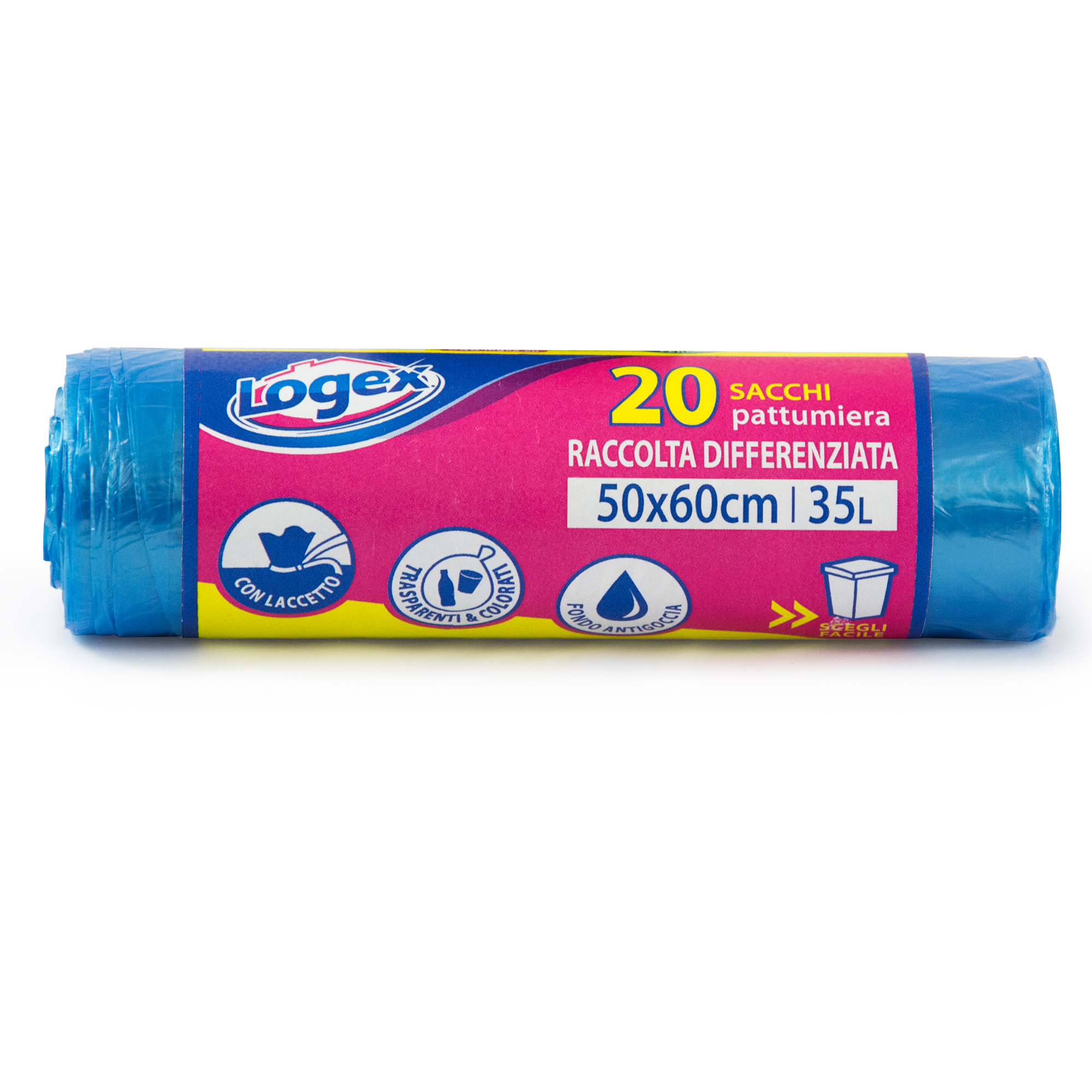 82221 Sacchi per immondizia - 50x60 cm - 35 L - 9 micron - azzurro trasparente - Logex Professional - rotolo da 20 sacchetti - immagine 1