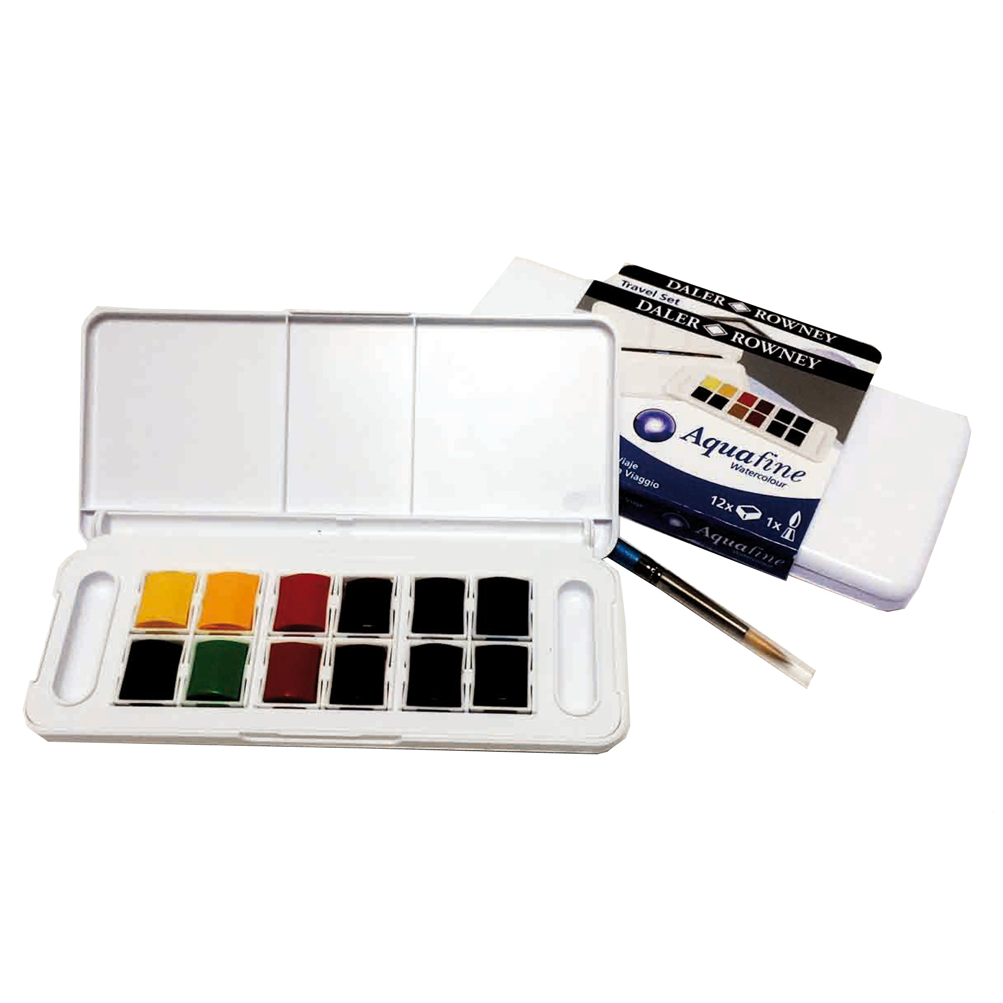 85384 Acquerelli Acquafine Godet - colori assortiti - Daler Rowney - scatola in plastica 12 acquerelli + 1 pennello - immagine 1