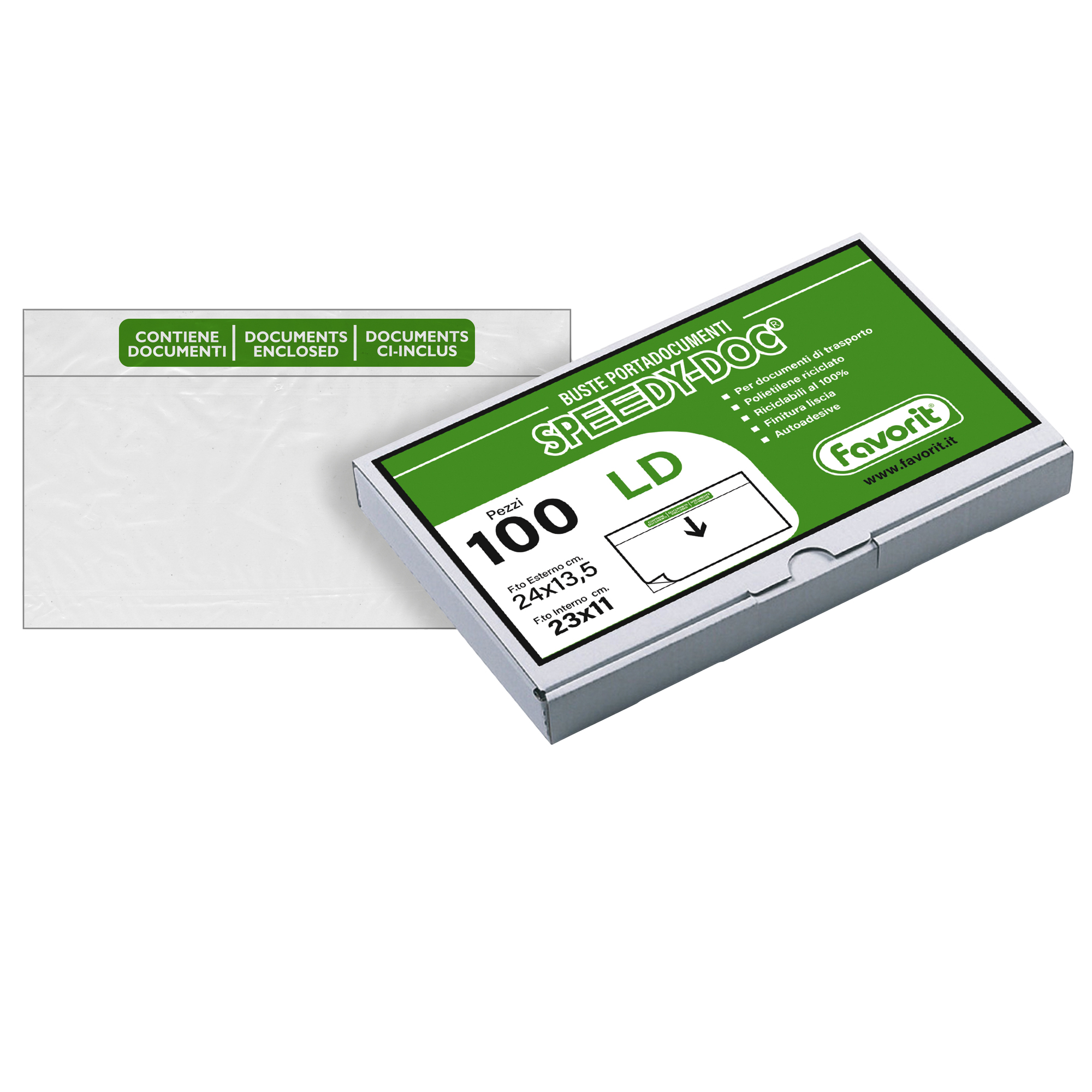 37134 Busta adesiva Speedy Doc - con stampa "contiene documenti" - LD (23 x 11 cm) - PPL/PE - trasparente - Favorit - conf. 100 pezzi - immagine 1