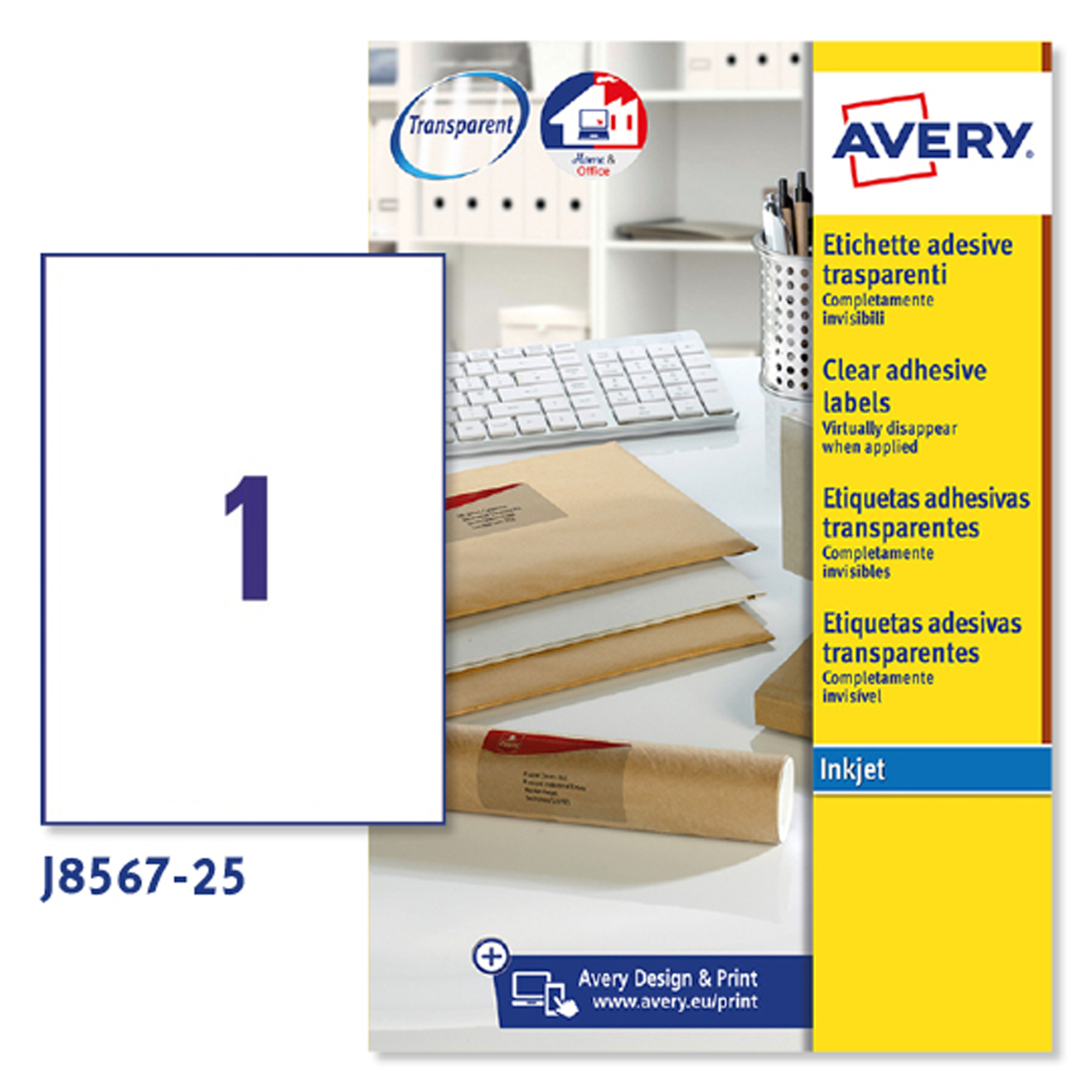 45206 Etichette adesive J8567 - in poliestere - inkjet - permanenti - 210 x 297 mm - 1 et/fg - 25 fogli - trasparente - Avery - immagine 1