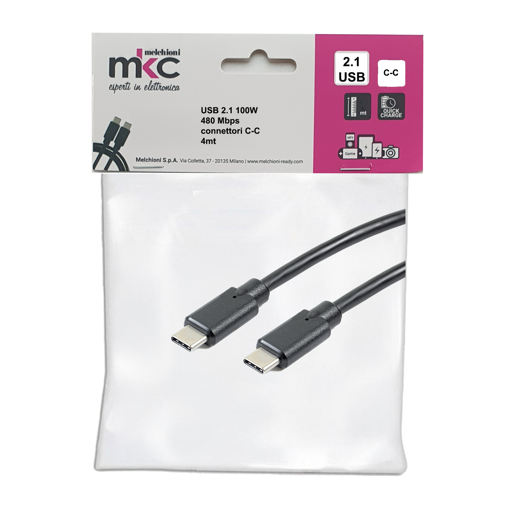 103599 Cavo USB - 2.0 C/C - 100W - 480Mbps - 4 mt - MKC Melchioni - immagine 1