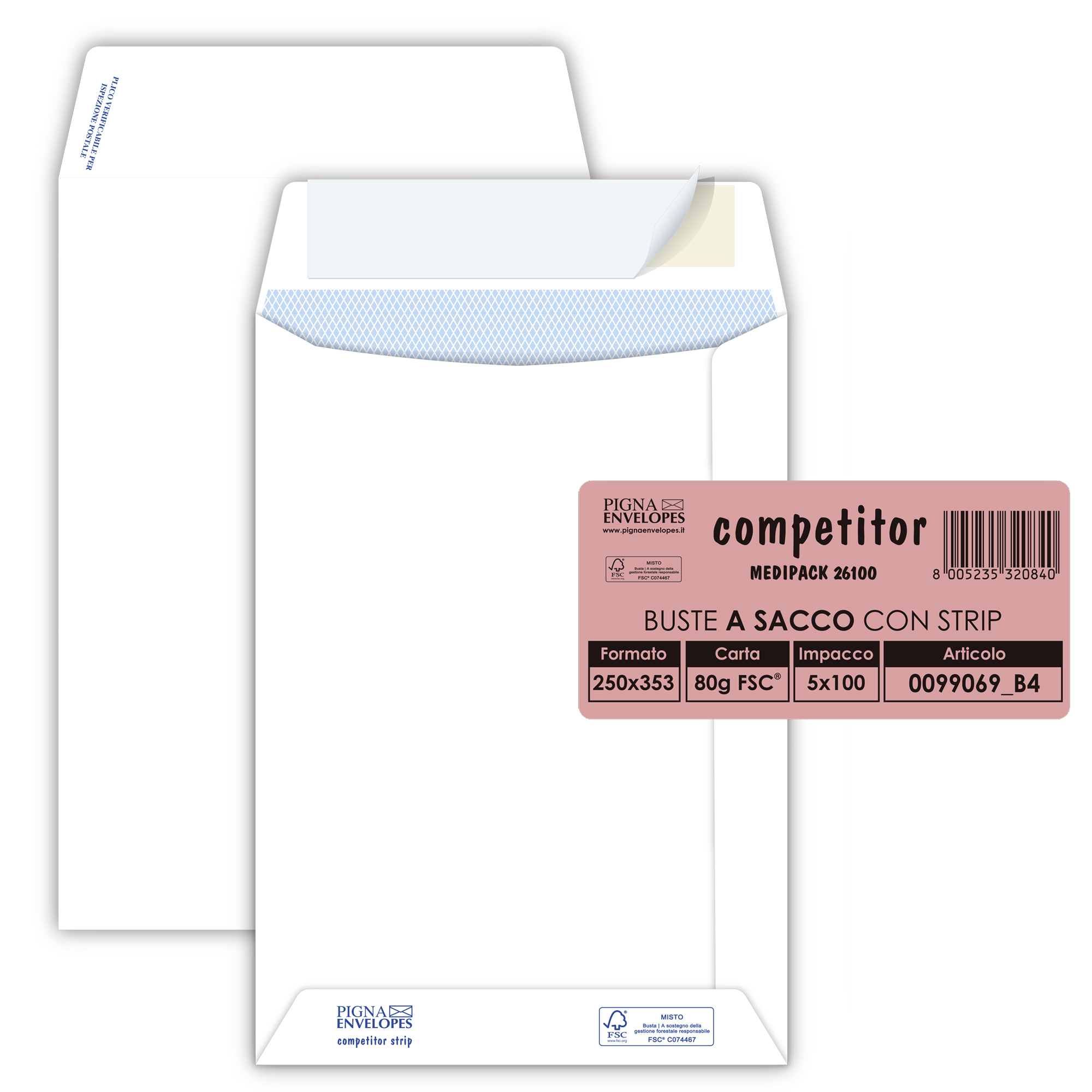 37307 Busta a sacco Competitor FSC - strip adesivo - 25 x 35,3 cm - 80 gr - bianco - Pigna Envelopes - conf. 100 pezzi - immagine 1