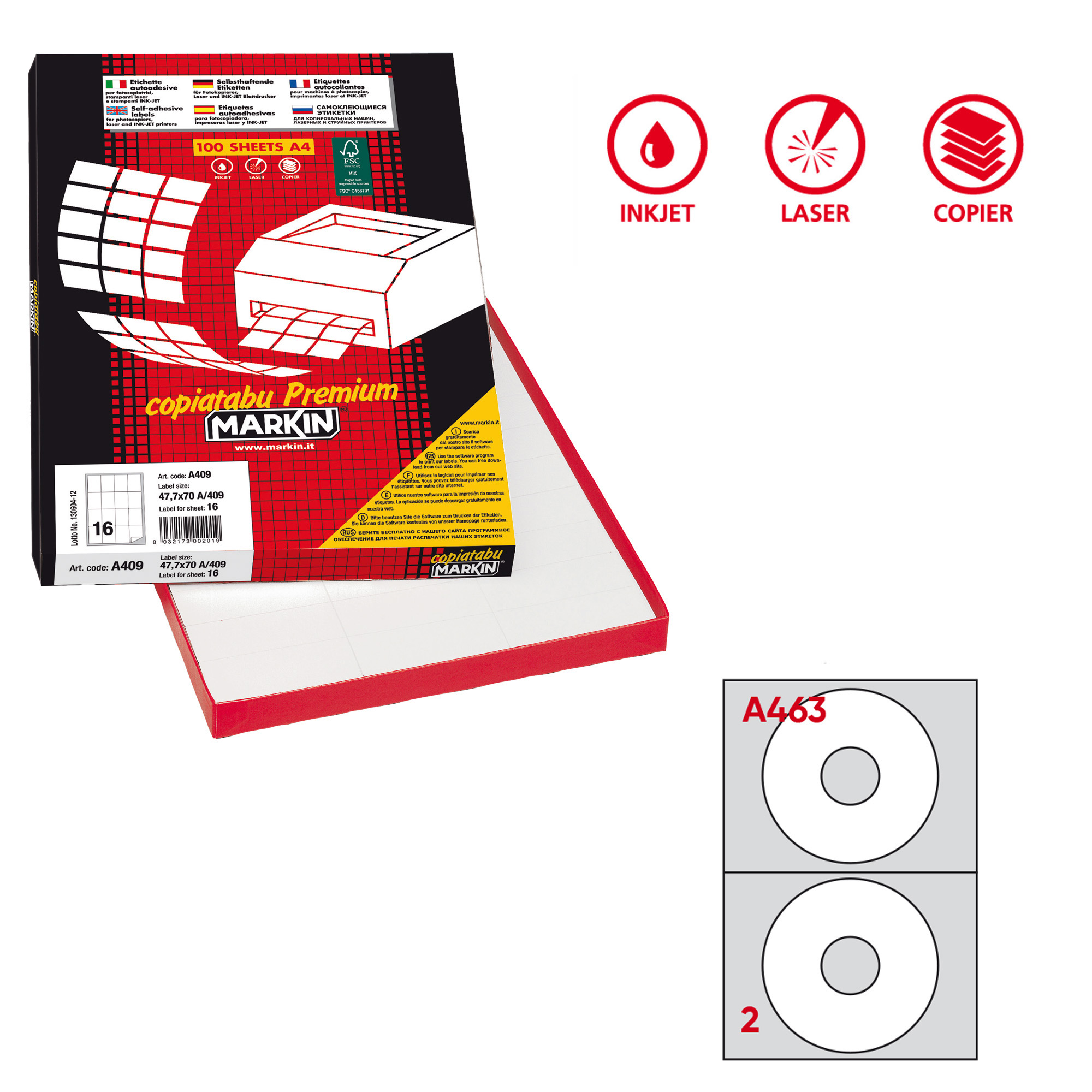 45226 Etichette adesive A/463 - in carta - permanenti - diametro CD 117,5 mm - foro 41 mm - 2 et/fg - 100 fogli - bianco - Markin - immagine 1