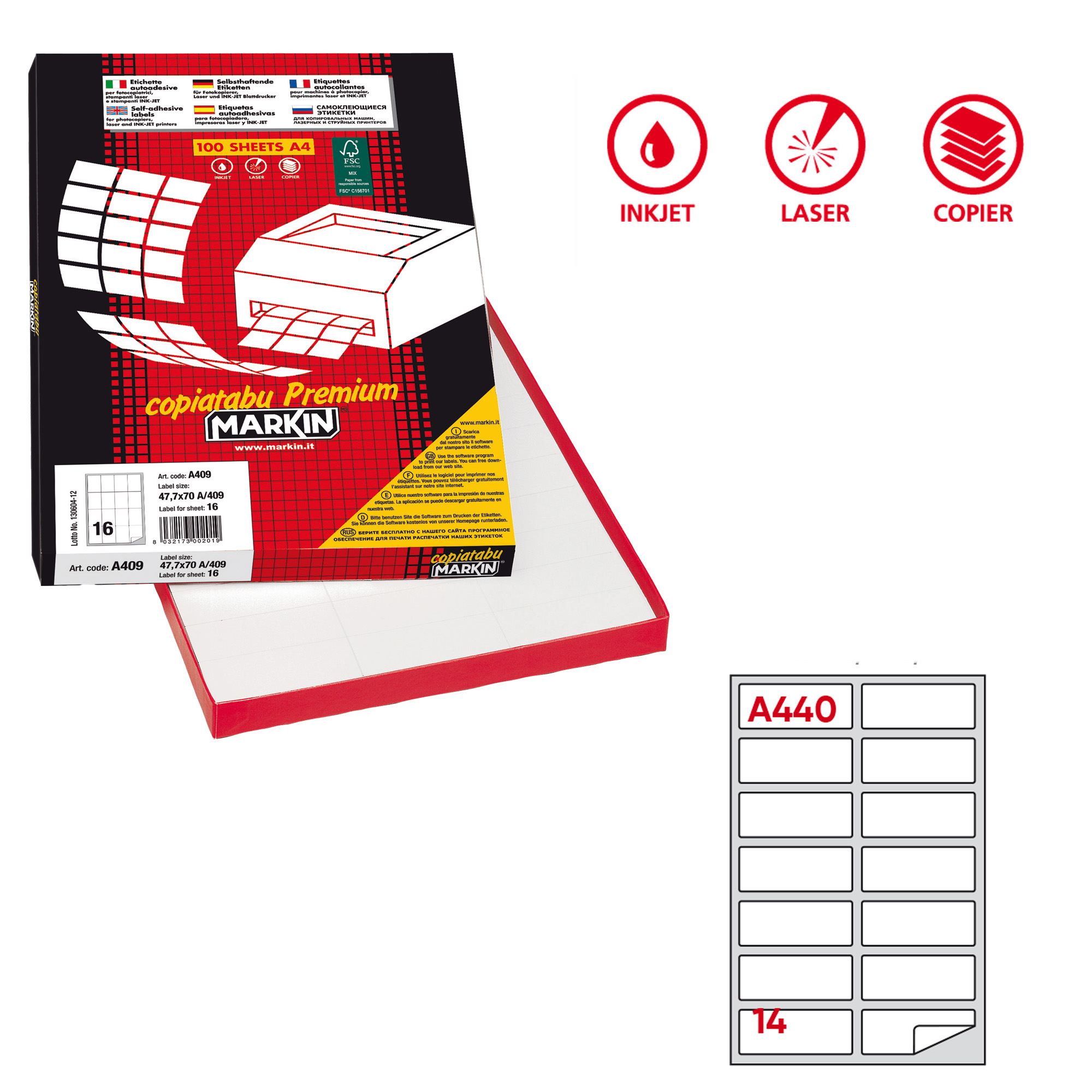 46882 Etichette adesive A/440 - in carta - permanenti - 99,1 x 38,1 mm - 14 et/fg - 100 fogli - bianco - angoli tondi - Markin - immagine 1