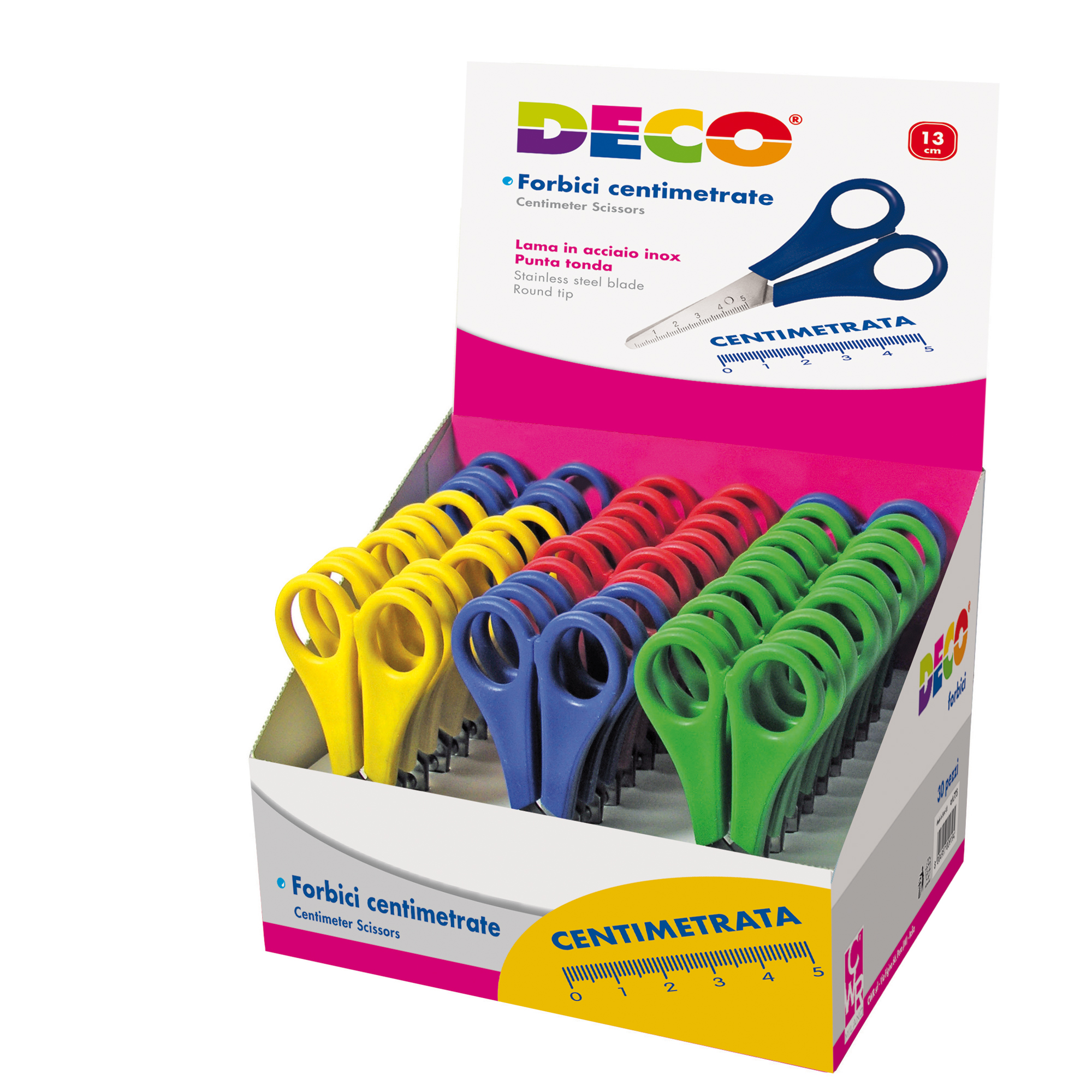 51495 Forbici centimetrate - punta tonda - 13 cm - lama in acciaio inox - colori assortiti - DECO - conf. 30 pezzi - immagine 1