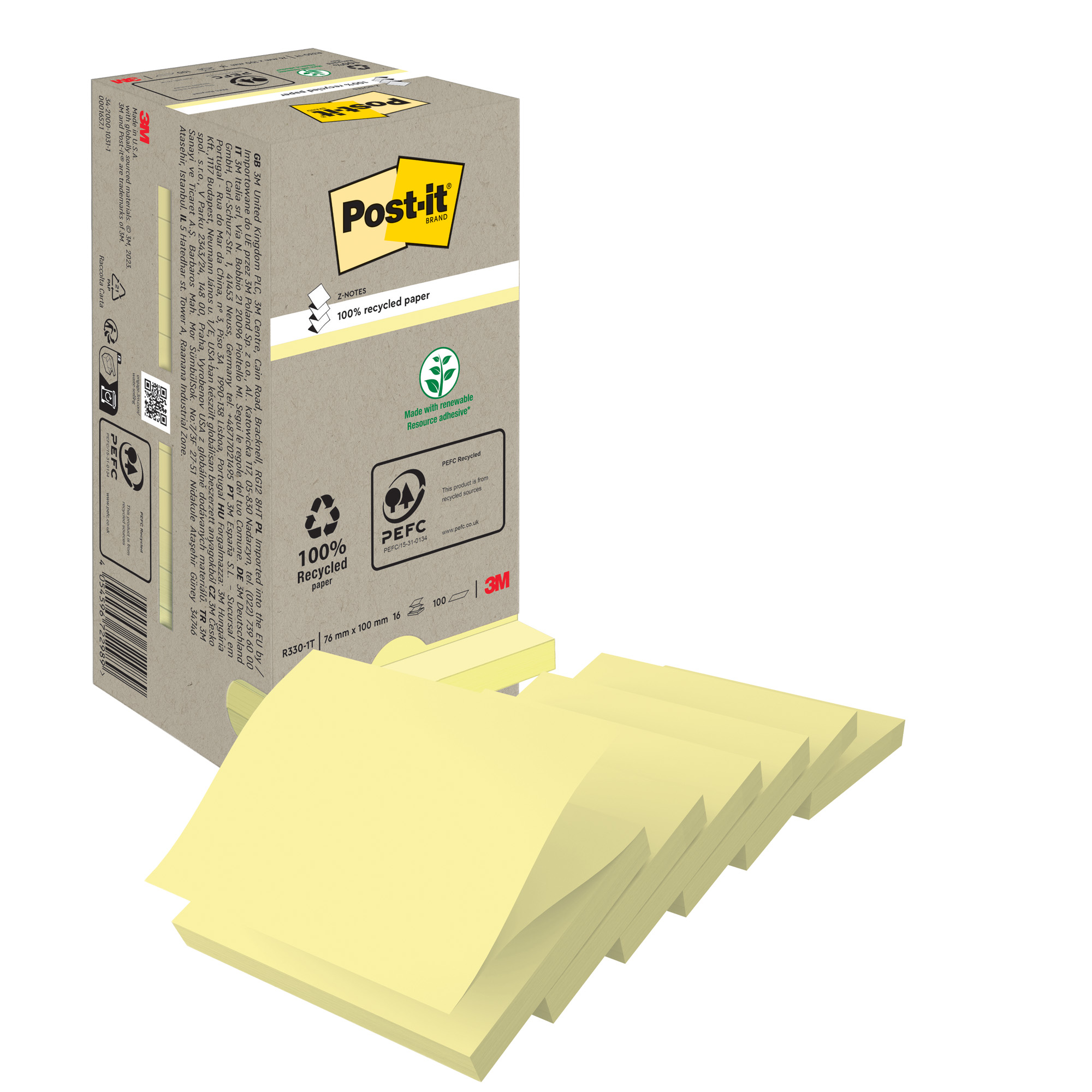 57679 Blocco Post-it Z Notes Green - R330-1T - 76 x 76 mm - 100% riciclabile - giallo - 100 fogli - Post-it - immagine 1